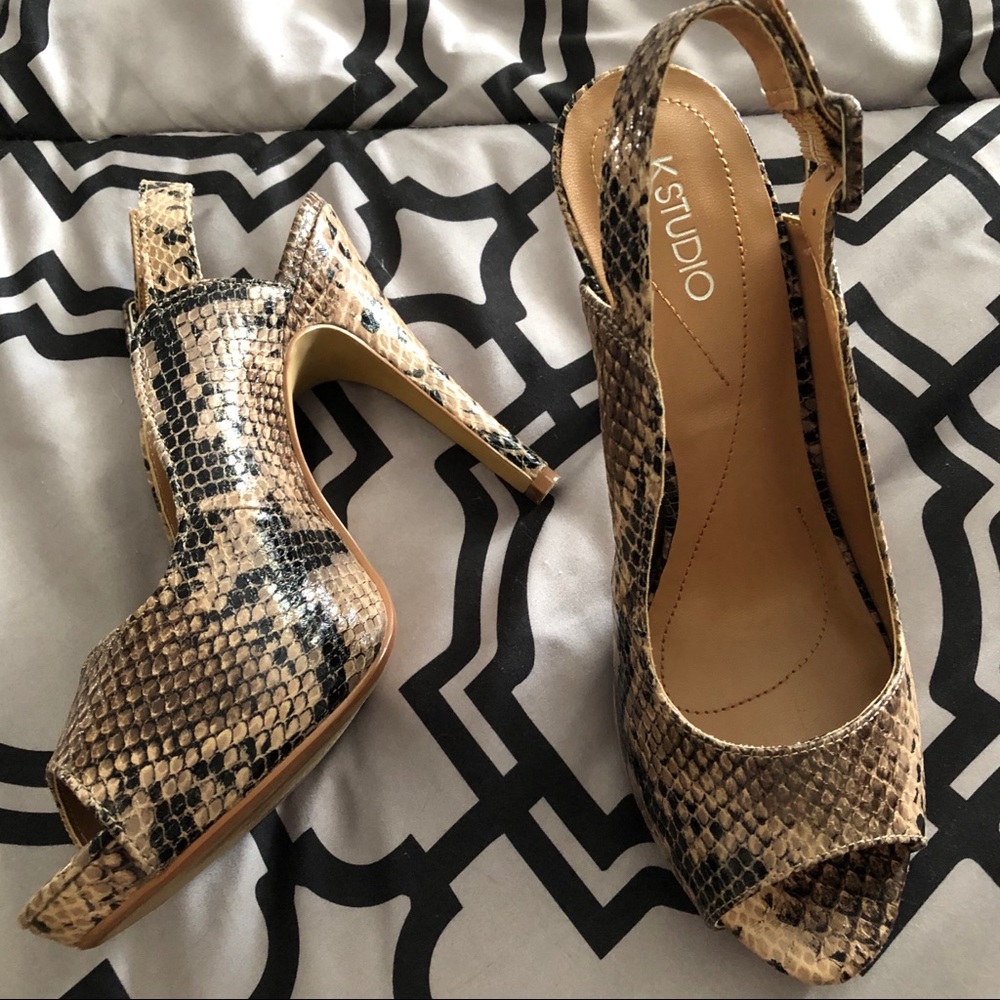 Snake print peep toe heels